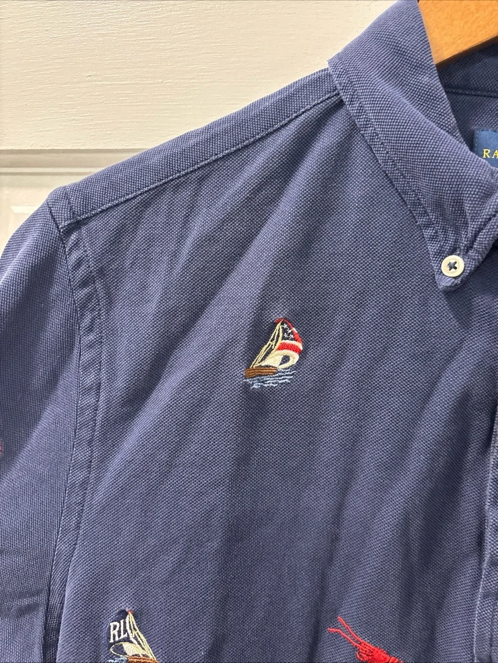 Ralph Lauren Men’s Navy Knit Oxford Polo Size M Nautical Lobsters Preppy EUC